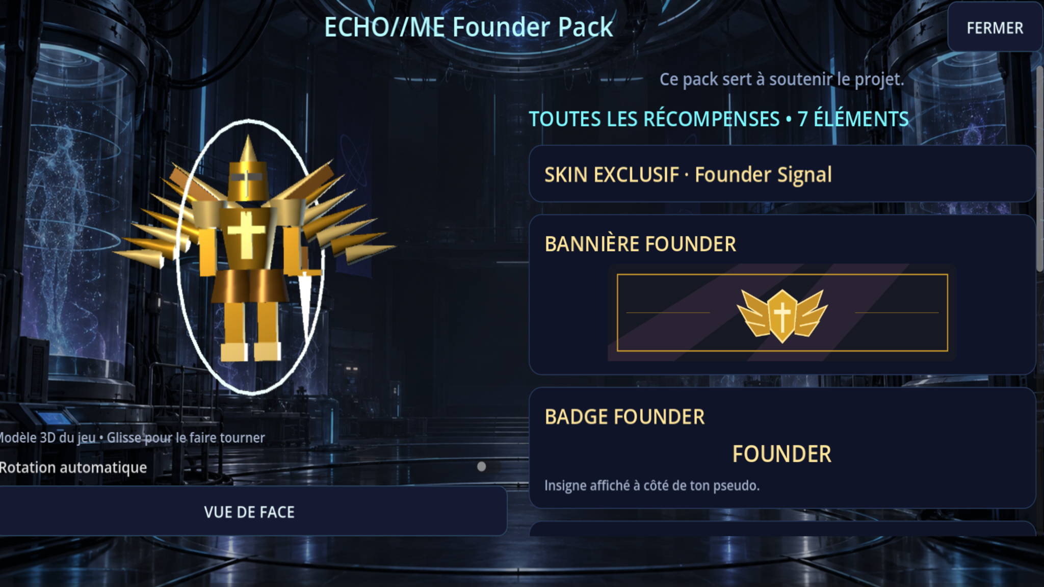 Capture réelle du pack : Founder Signal, chevalier doré low-poly aux ailes hérissées, bannière et badge Founder.